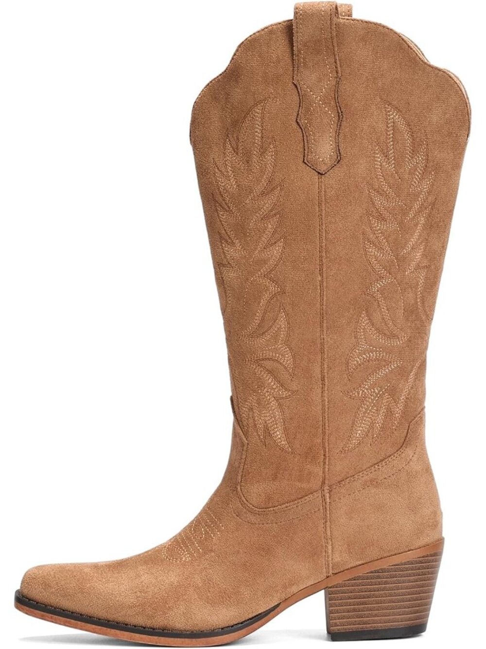 Women’s Dark Brown Slip-On Mid-Calf Embroidered Cowboy Snip Toe Chunky Heel - Picture 5 of 6